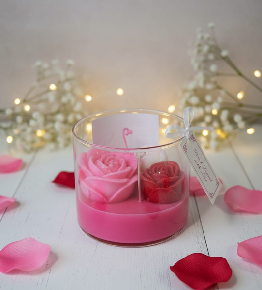 Sevgililer Günü Özel Gül Kokulu Mum - Pembe Kırmızı Cam